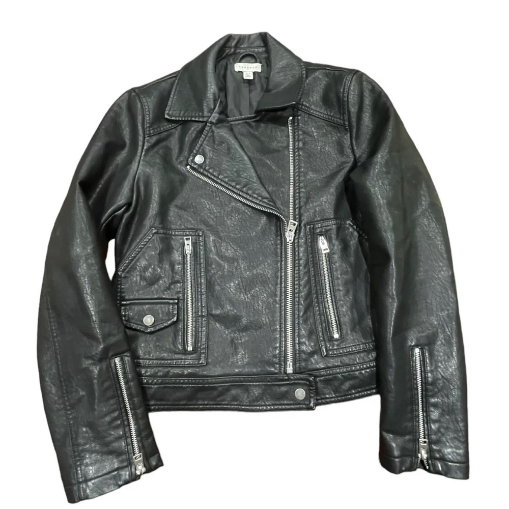 Topshop Faux Black Leather Biker Jacket With Zippers women’s size 8